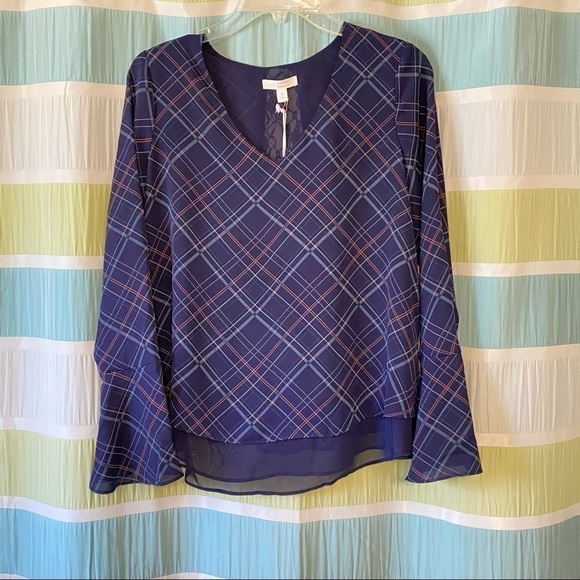 LC Lauren Conrad Bell Sleeve Blouse NWT Blue Plaid Lace Small - Picture 11 of 11